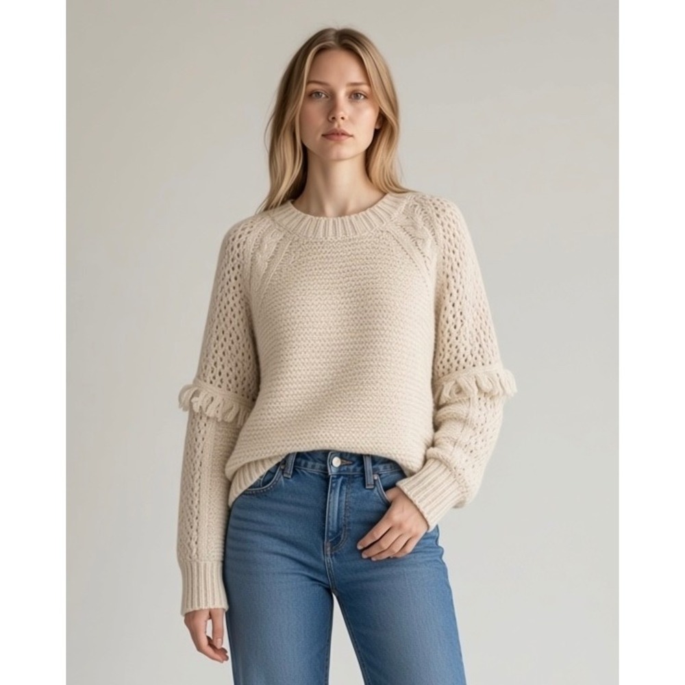 Heartloom Large Cream Boho Fringe Mixed Knit Cable Crew Neck Sweater Pullover